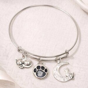 Silver Cat Charm Bangle Bracelet Paw Print Moon Expandable Gift